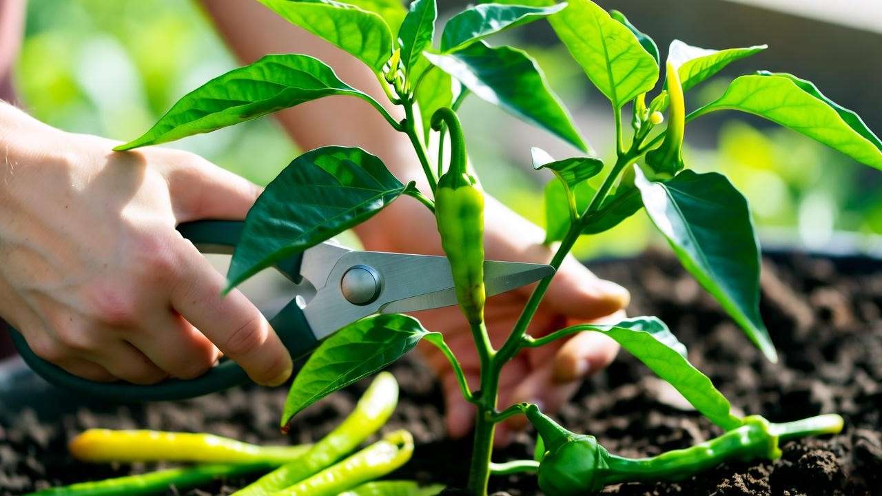 "Gardener pruning shoshito pepper plant with shears for healthy growth".