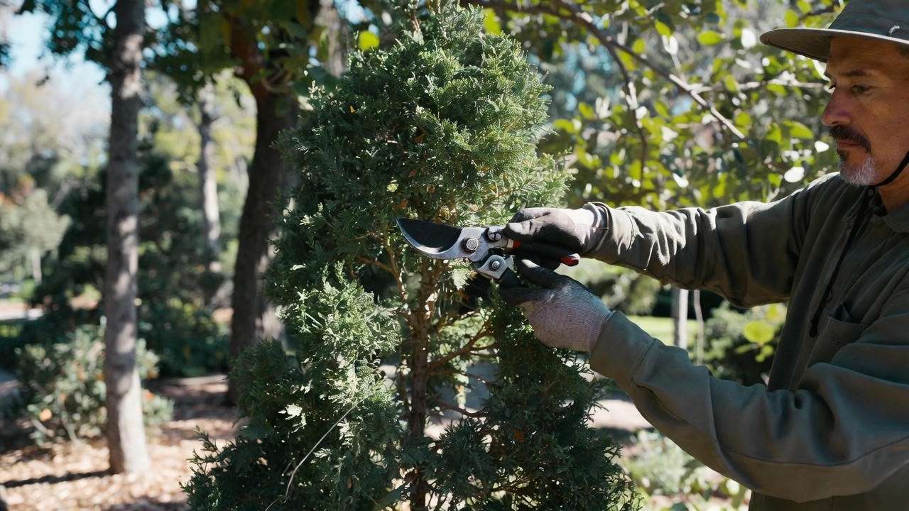 Gardener pruning Hollywood juniper tree with bypass pruners.
