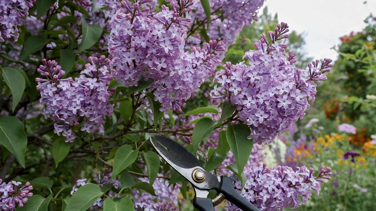 Detailed view of pruning a Miss Kim Lilac Tree with shears in a lush garden.
