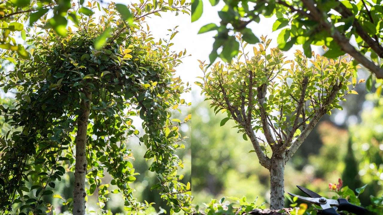 Well-pruned vs over-pruned Acoma Crape Myrtle tree with pruning shears in a bright garden."
