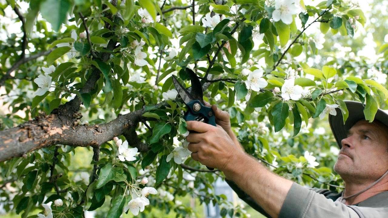 "Gardener pruning a Spring Snow Crabapple tree with healthy foliage and blooms".