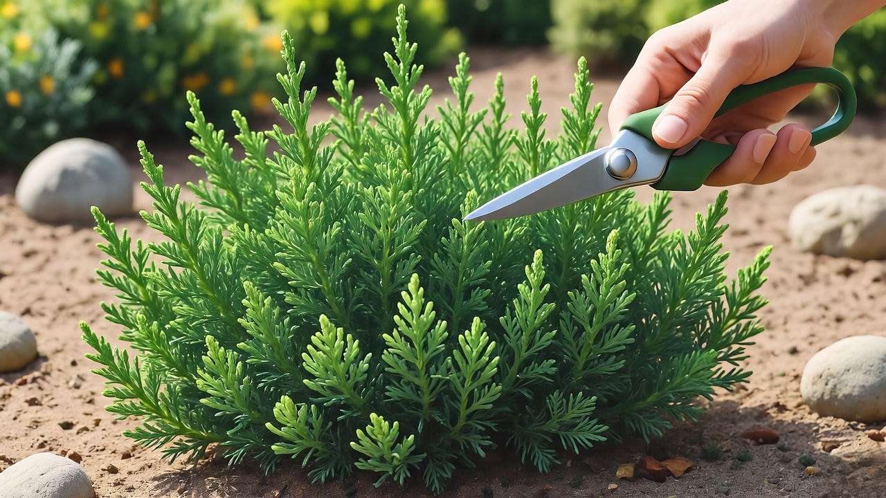 "Pruning a shore juniper plant in a rock garden with shears".
