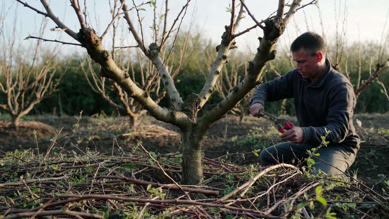Gardener pruning a bare root peach tree with open-center method in an orchard."