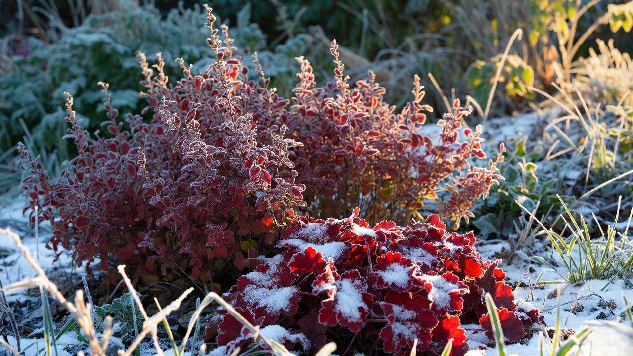 Evergreen red foliage plants Loropetalum and Heuchera providing winter color in the garden