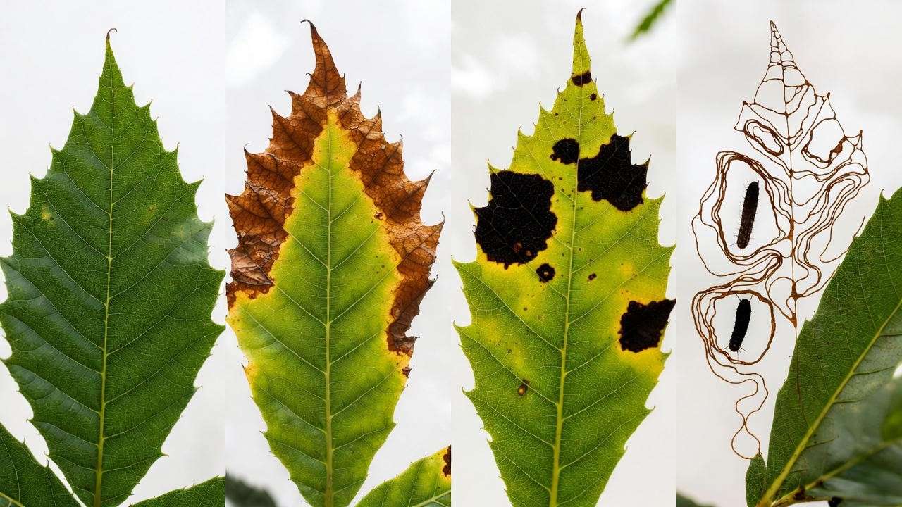 Chestnut tree leaf symptoms comparison: healthy vs scorch vs leaf blotch vs leaf miner