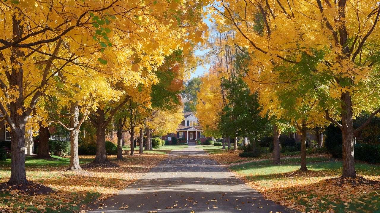 Armstrong Gold maple trees creating a breathtaking golden allée along driveway