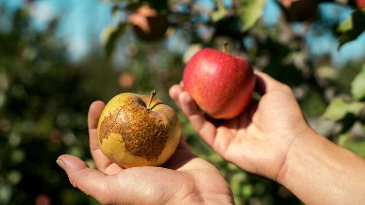 apple with bitter pit vs healthy apple after calcium foliar treatment