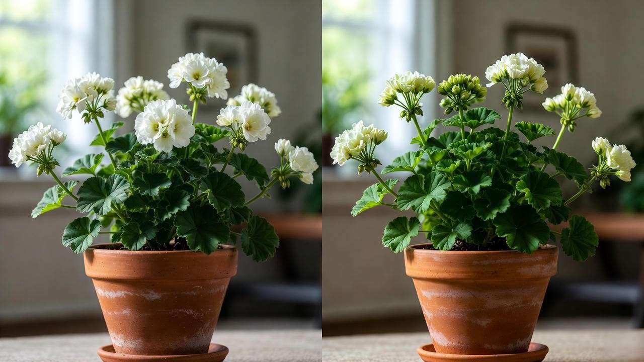 Before and after recovery of geranium plant with white leaves – full transformation in 3 weeks