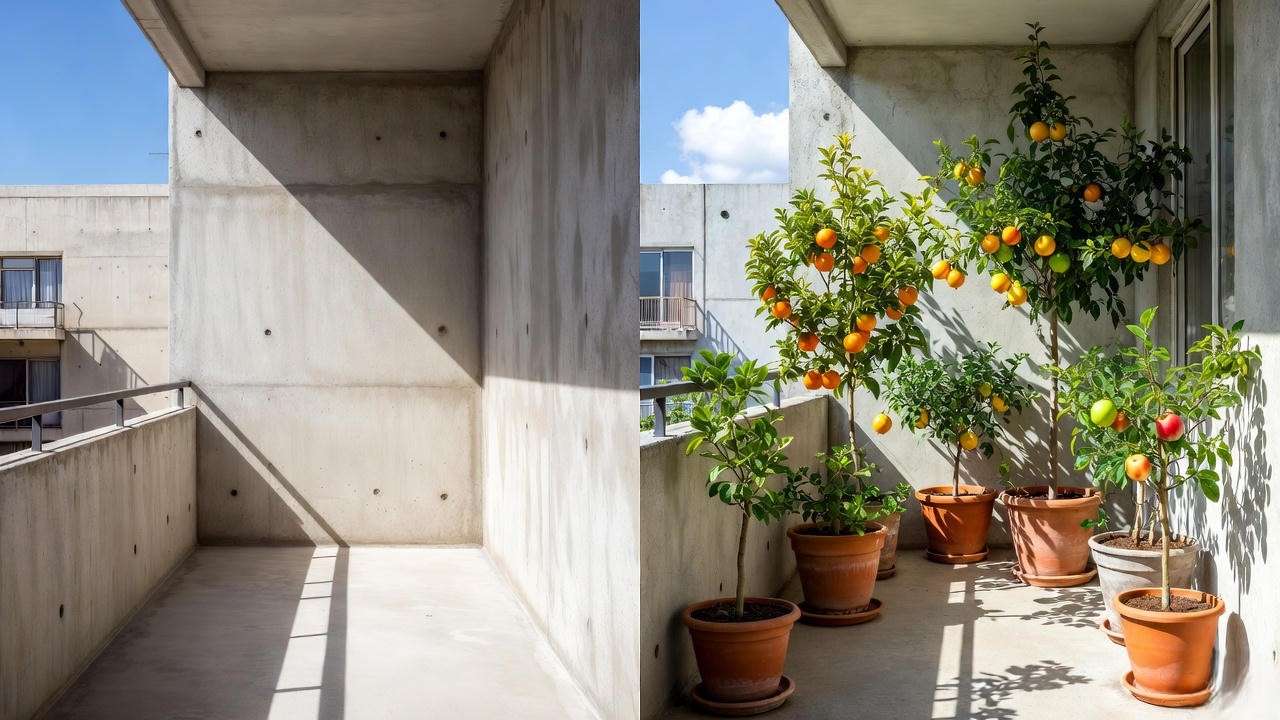 Before and after small balcony transformed into productive potted fruit tree orchard