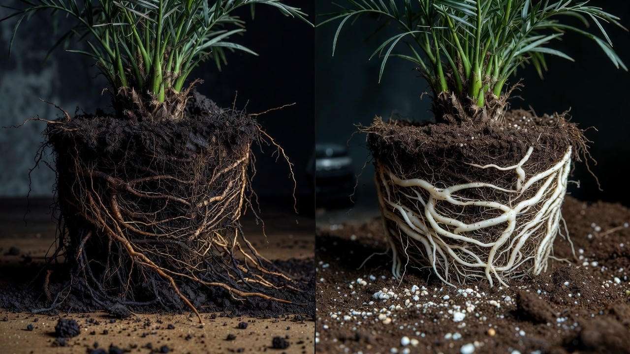 Overwatered miniature palm tree plant roots vs healthy roots after repotting