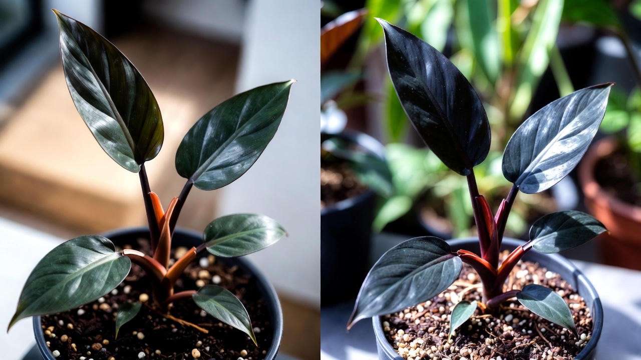 Before and after black succulent plant losing dark color due to insufficient light