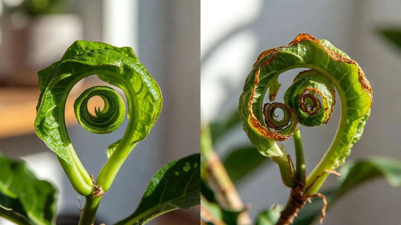 Healthy vs stressed curling leaves on twisted lipstick plant – visual diagnosis guide