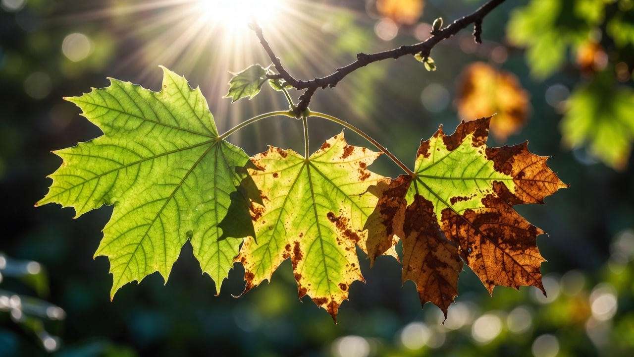 Summer leaf scorch progression on tree leaves from heat stress