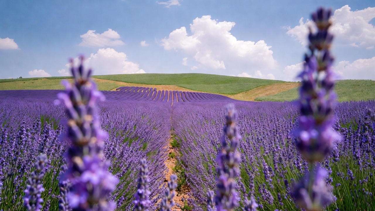 Lavender field in full bloom with rolling hills in spring