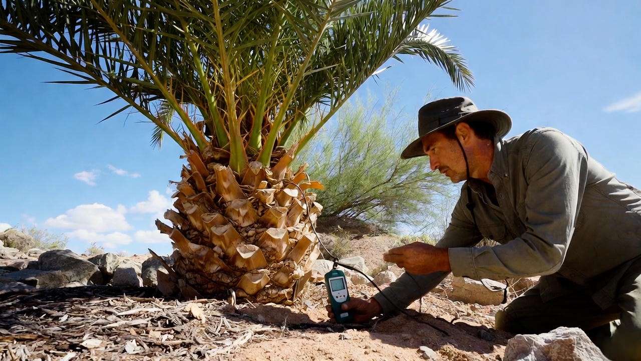 Person inspecting an Arizona palm tree with a soil moisture meter in a desert garden.