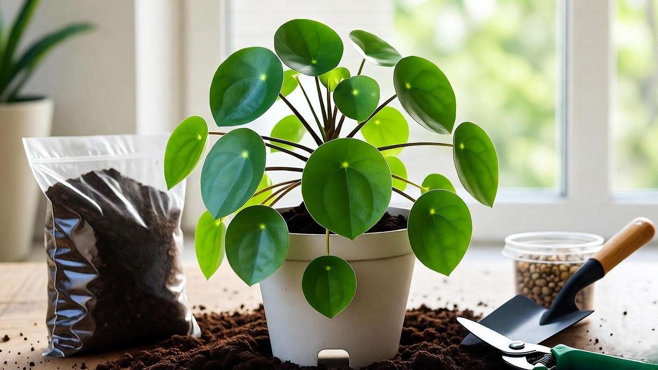 Pilea glauca plant repotting process with fresh soil and gardening to