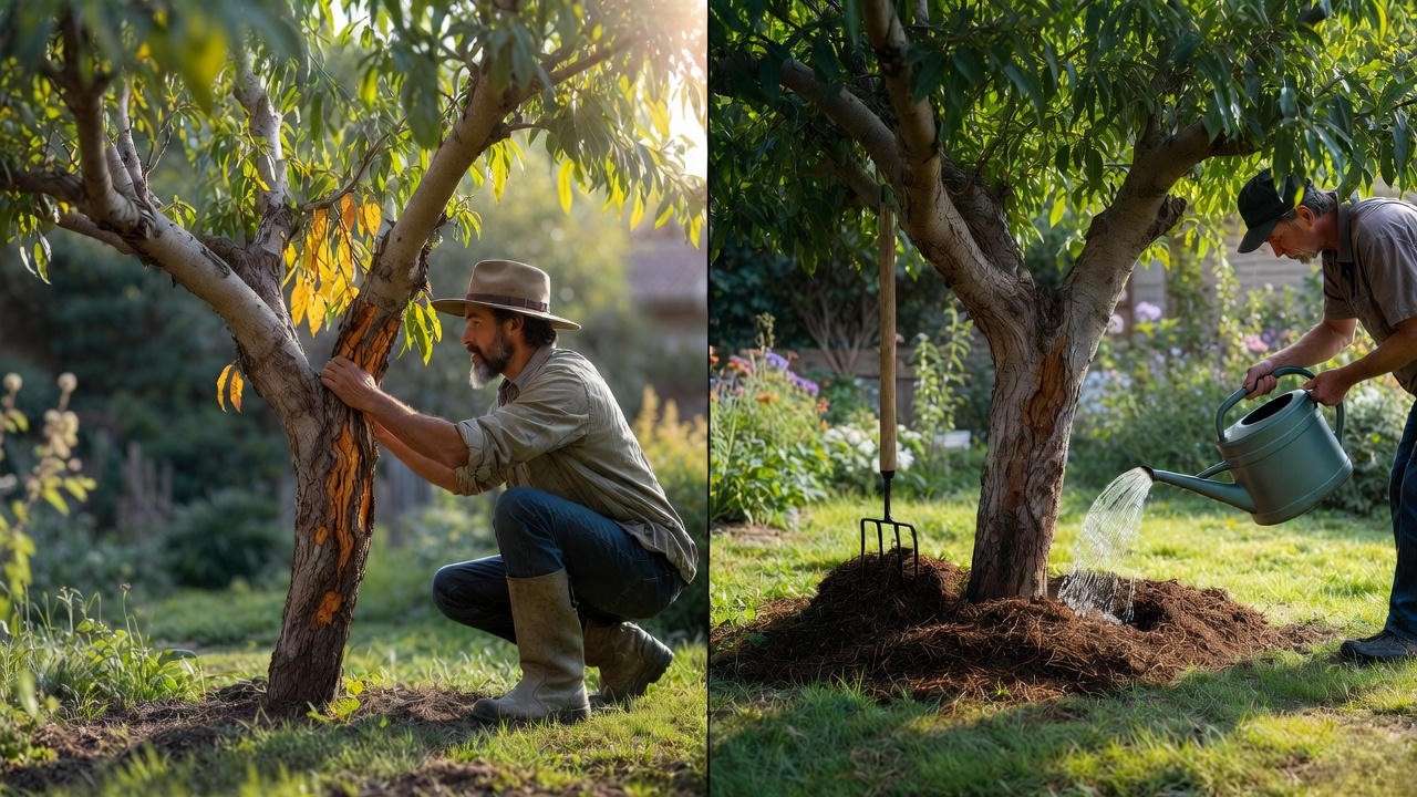 Gardener reviving a Red Haven peach tree by inspecting and adding mulch and water."