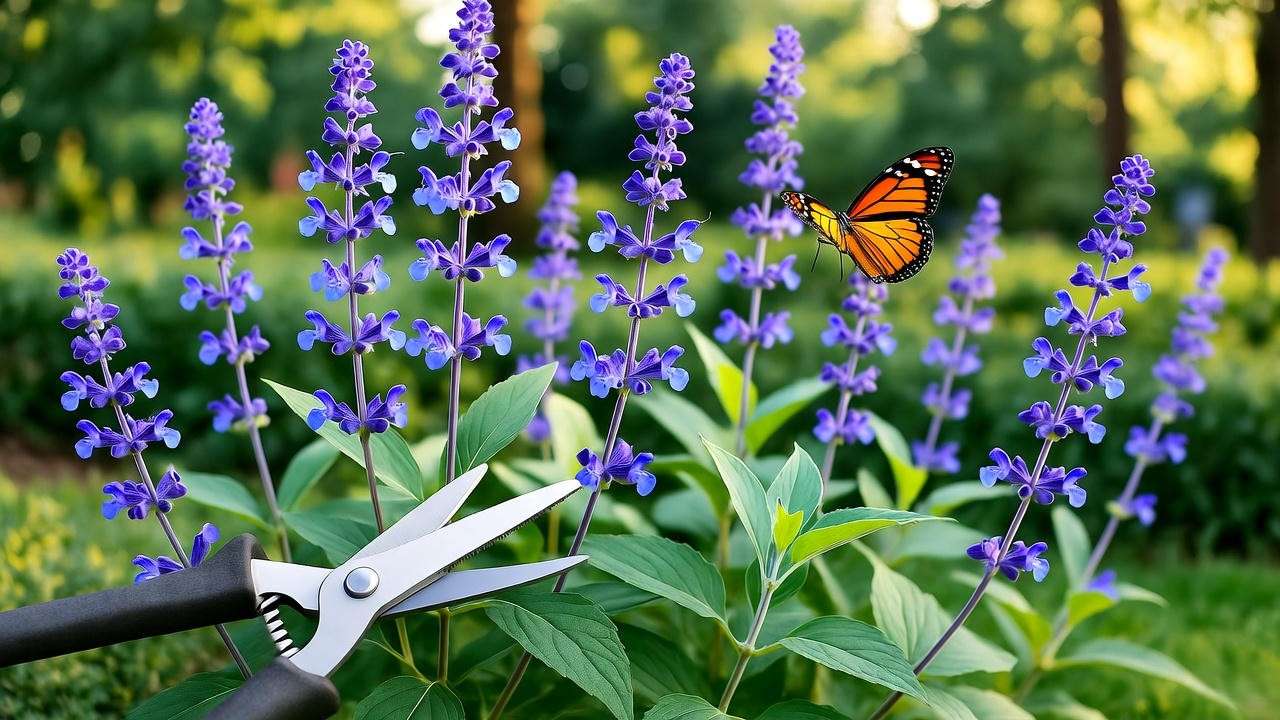 Pruning Russian Sage plants with shears and a butterfly in a lush garden."