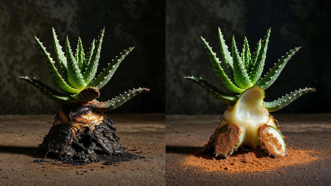 Emergency aloe vera rot rescue – before and after trimming infected roots