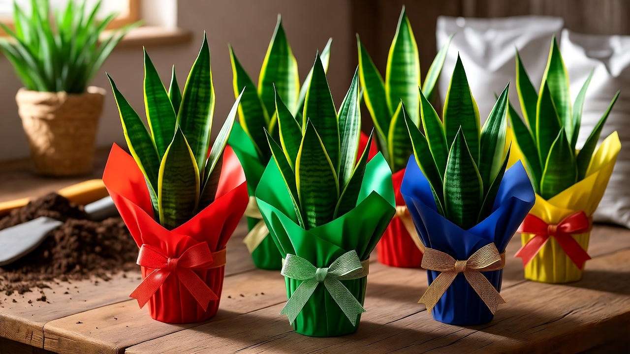 Gift-wrapped snake plant pots with gardening tools in background.