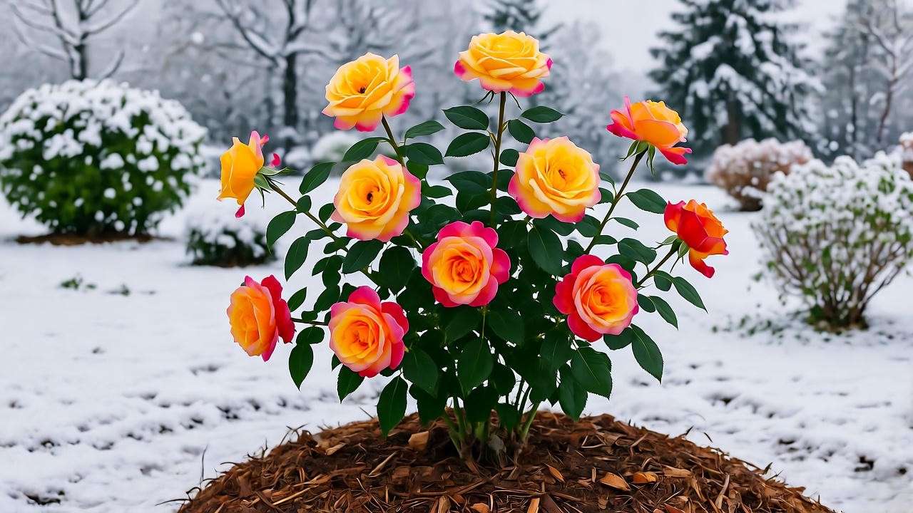 Winter protection for a Rio Samba rose plant with mulch in a snowy garden."