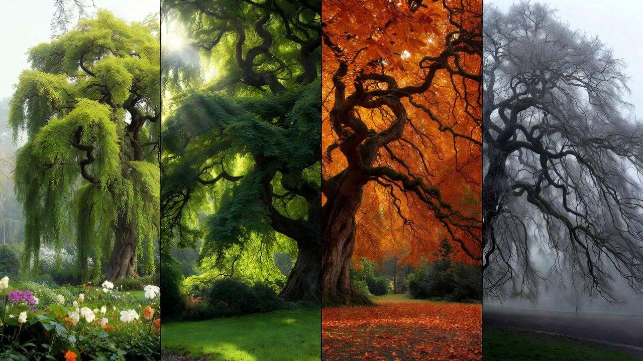 Weeping European beech tree through all four seasons: spring, summer, autumn, winter