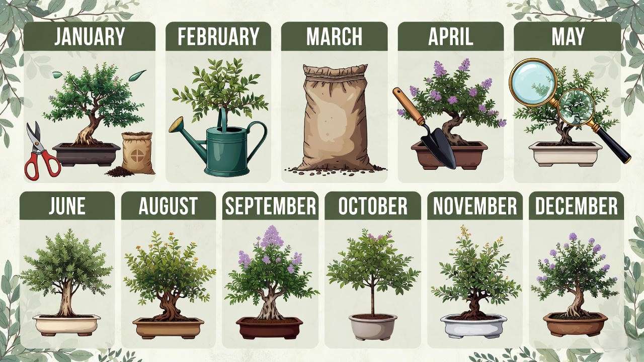 Monthly care calendar infographic for crepe myrtle bonsai seasonal tasks".