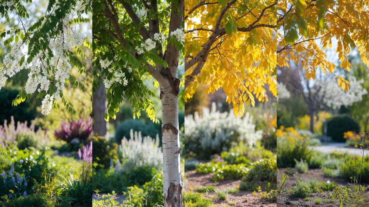 Seasonal care calendar with flowering locust tree in spring, summer, fall, and winter."