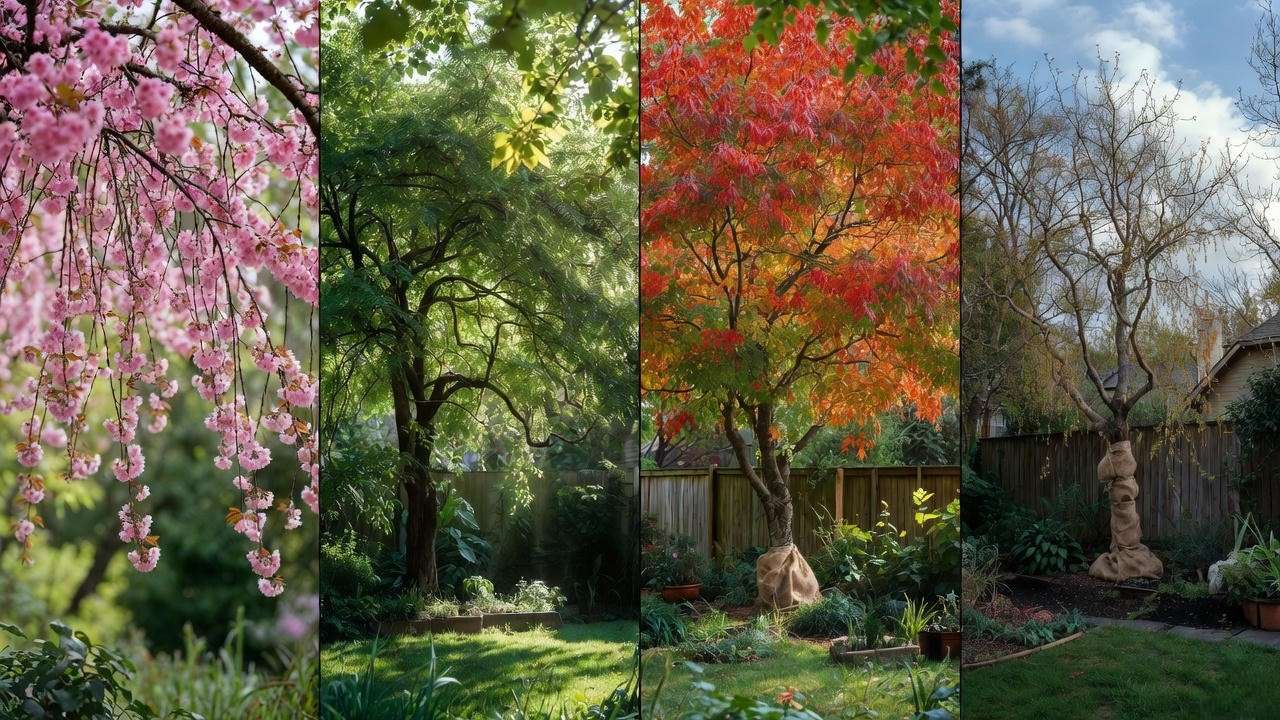 Weeping cherry tree dwarf seasonal care calendar in a backyard setting."