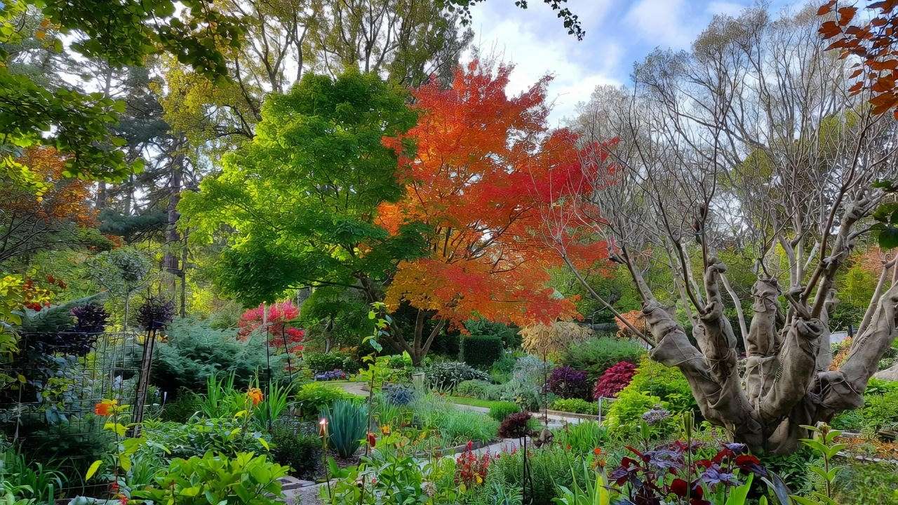 Flame maple tree cared for across seasons with vibrant foliage and winter protection."