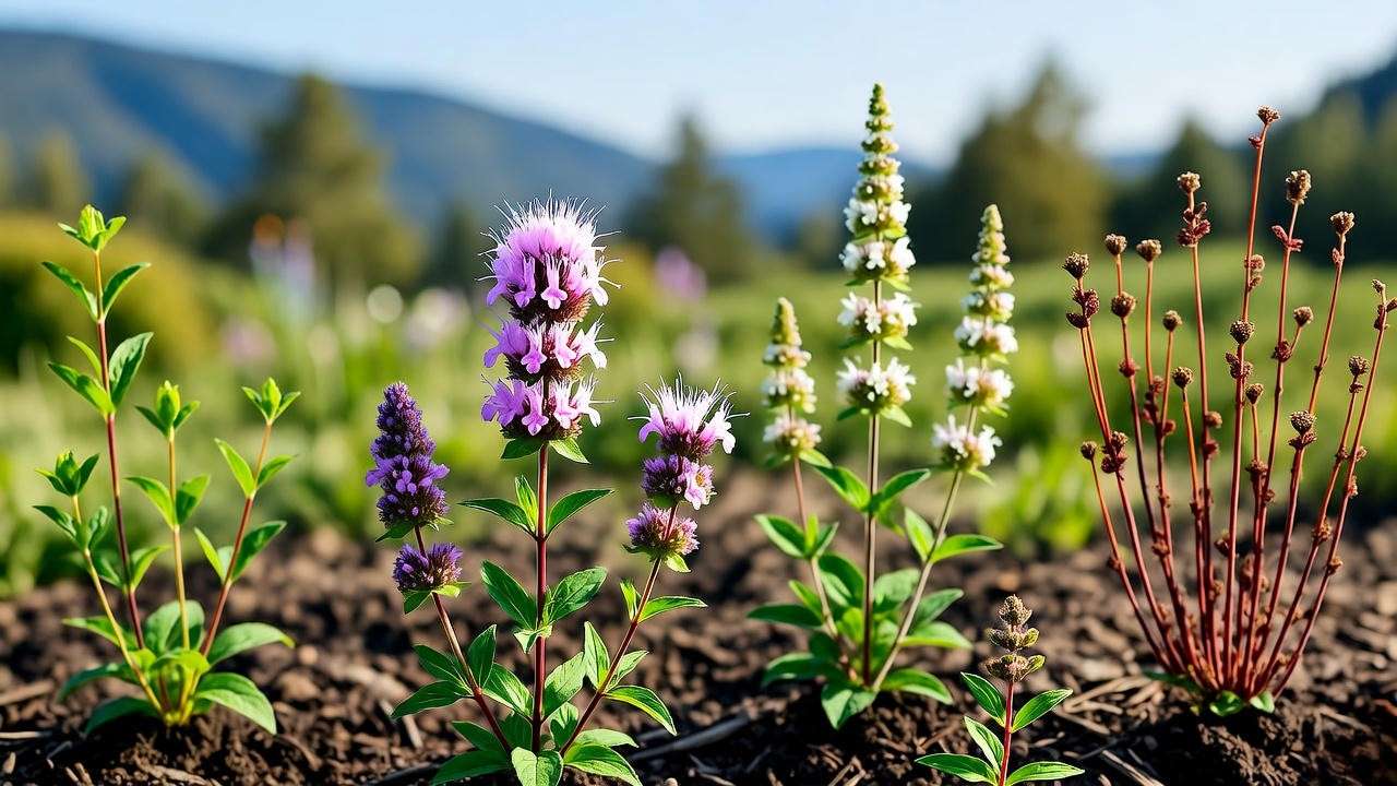 Seasonal care stages of slender mountain mint from planting to winter in a garden.