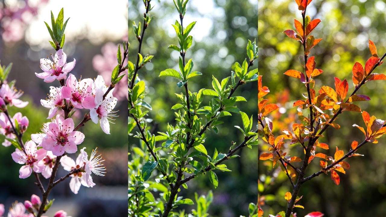 Seasonal view of Peppermint Flowering Peach Tree with blooms, foliage, and fall leaves."