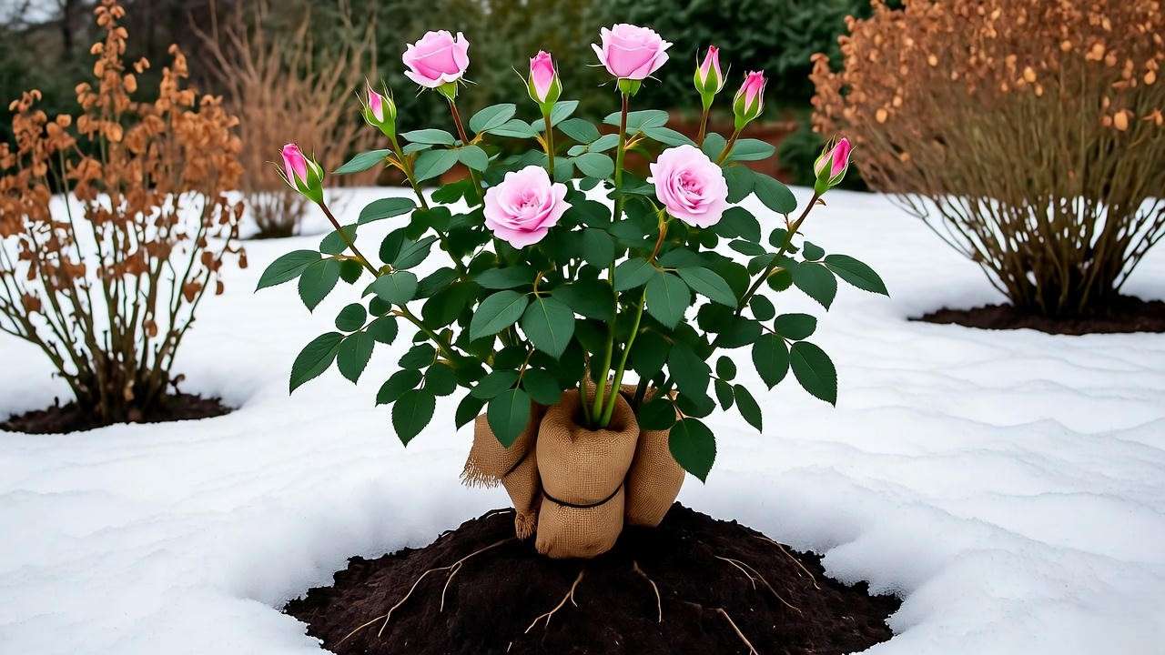 Winter care for sterling silver rose plant with mounded soil and burlap."