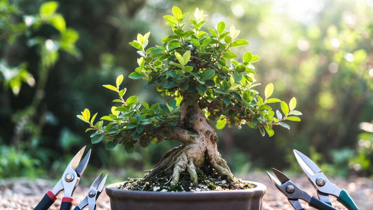 Close-up of crepe myrtle bonsai tree with pruning tools and pot for care setup".