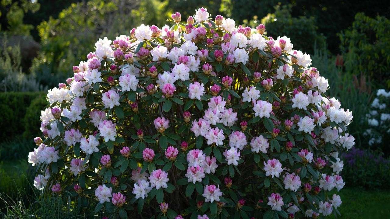 Correct natural layered shape of a properly pruned rhododendron shrub