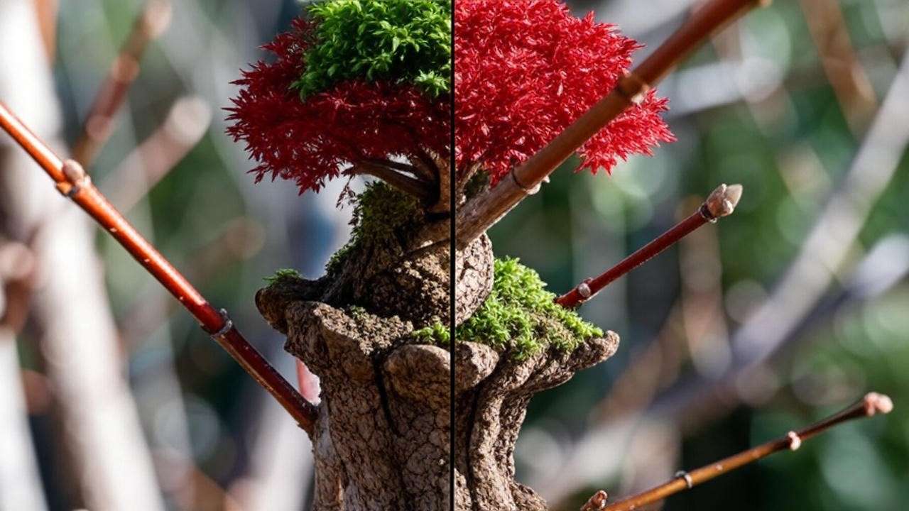 Before and after pruning upright Bloodgood Japanese maple tree