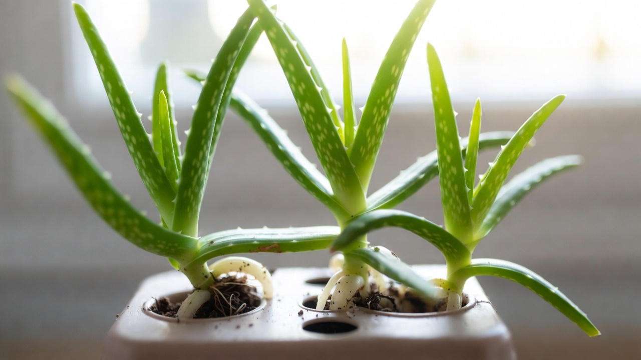Root-bound aloe vera with roots escaping drainage holes – clear sign it needs repotting