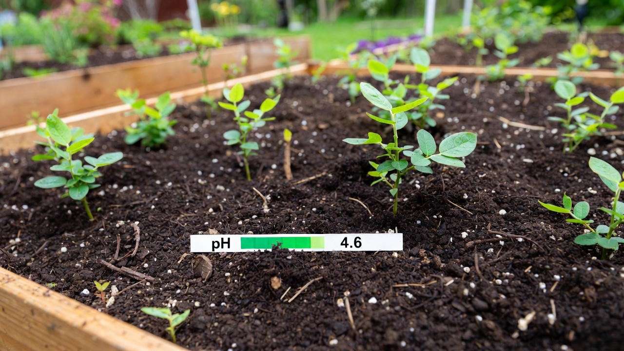 Properly prepared acidic raised bed with pH 4.5–5.0 for Legacy blueberry plants