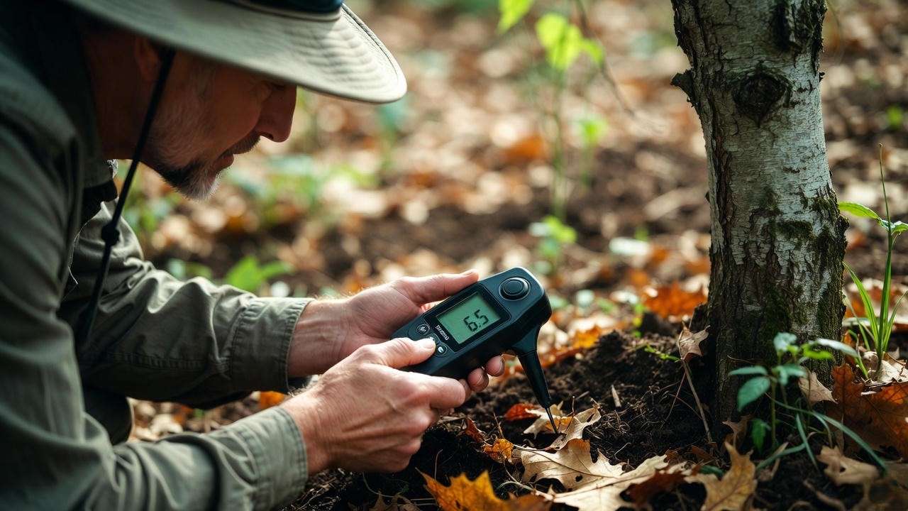 Testing soil pH in tree root zone to prevent fungal growth – mushroom in the tree soil care