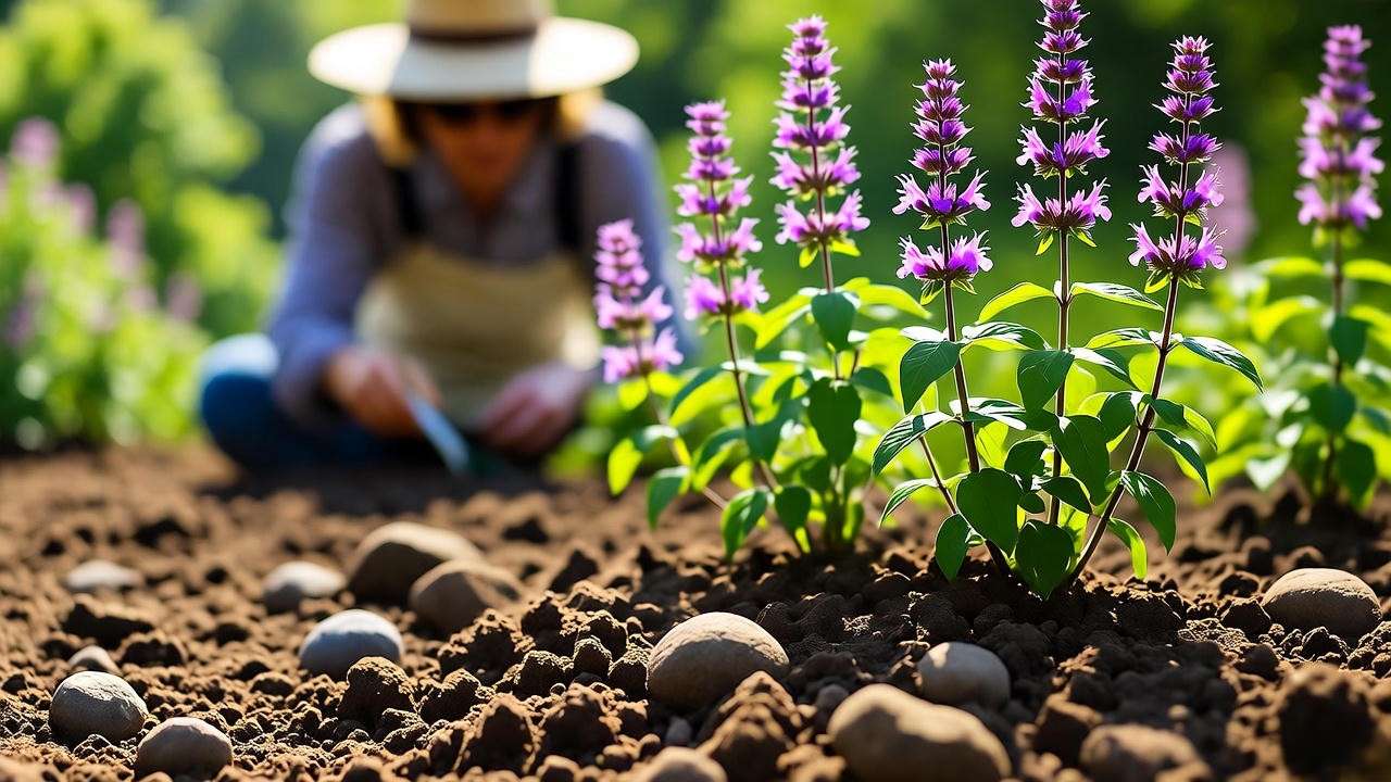 Gardener preparing well-drained loamy soil with compost for slender mountain mint plants.