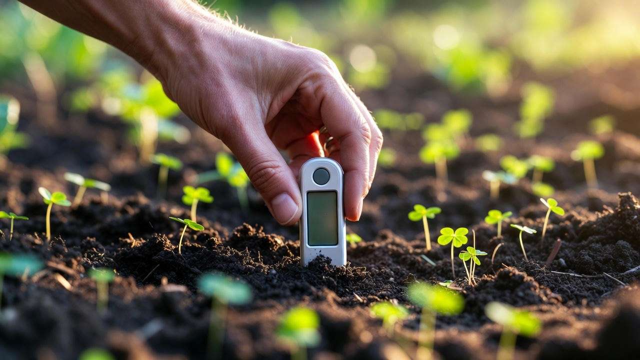 Checking soil temperature with digital thermometer before planting clover