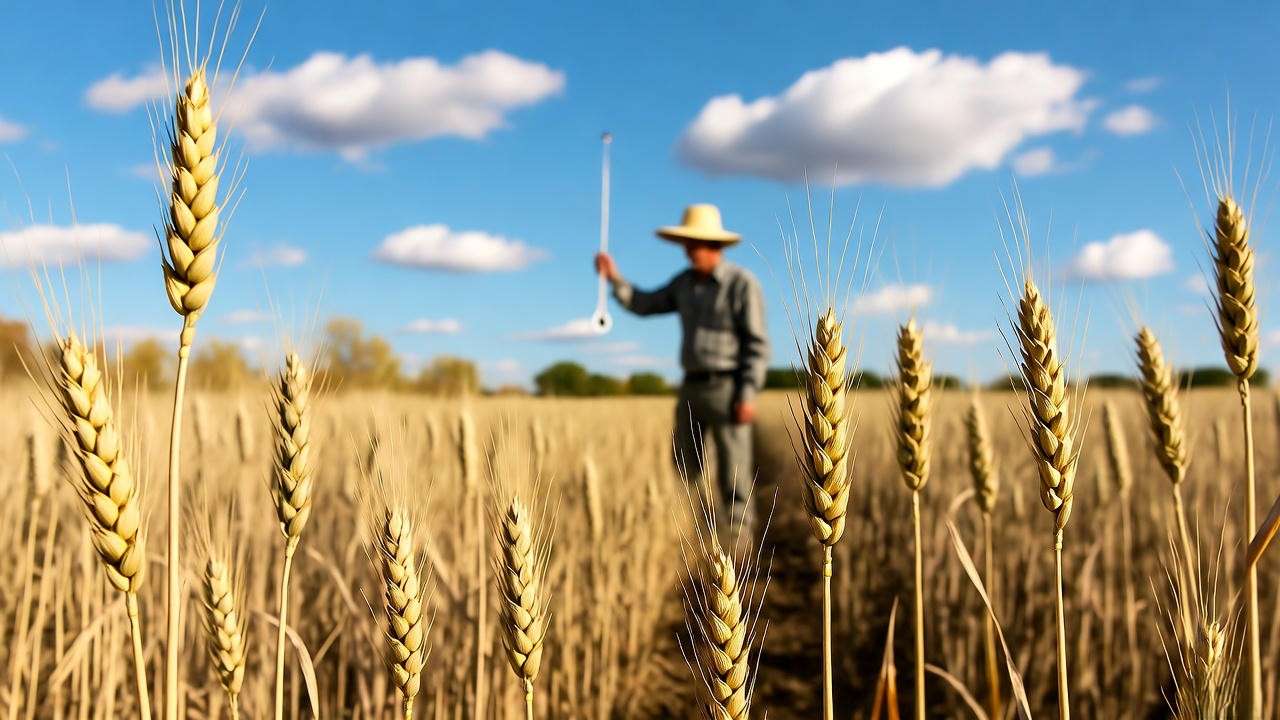 Farmer checking soil temperature in a winter wheat field during fall".