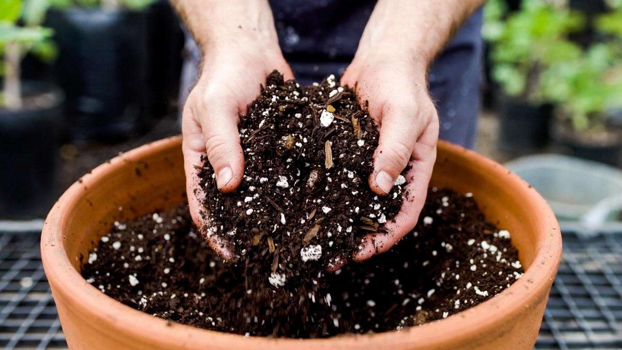 Hands mixing ideal fast-draining soil recipe for fig trees in containers