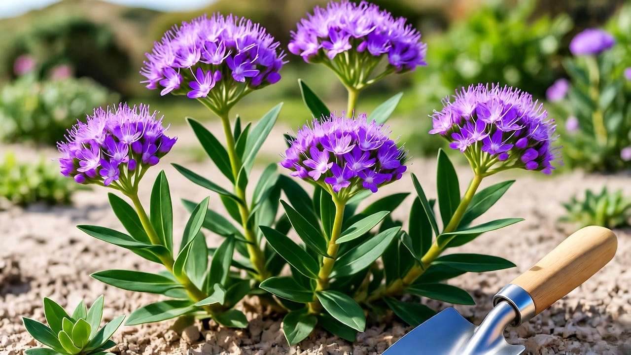 Statice Perezii plant thriving in well-draining sandy loam soil with a hand trowel in a coastal garden."