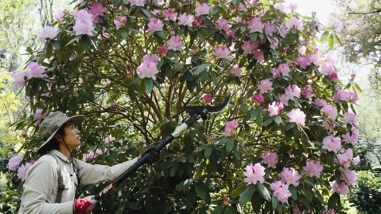Safe way to prune a large tall rhododendron using a pole pruner