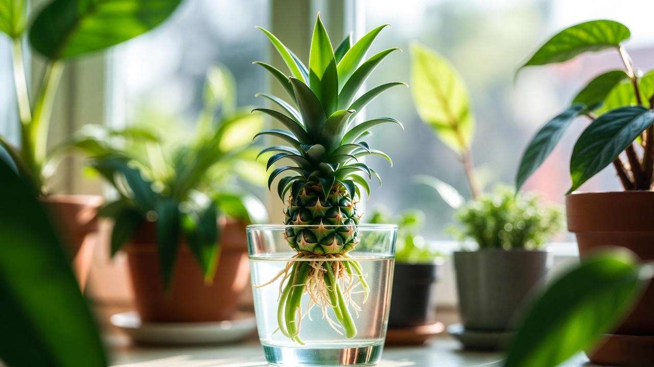 Miniature pineapple plant crown propagating in water on a sunny windowsill".