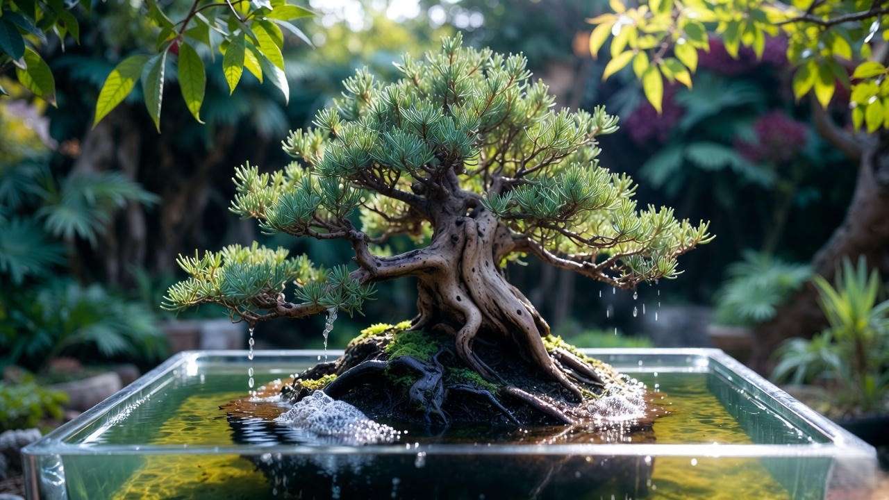 "Bonsai tree submerged in water basin for immersion method, bubbles rising, lush garden background."