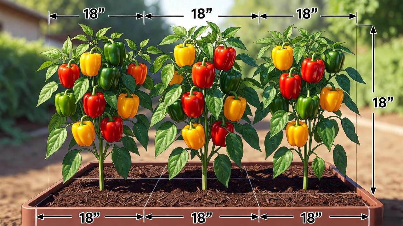"Illustration of bell pepper plants spaced 18 inches apart in a 4x4-foot garden bed for optimal growth."
