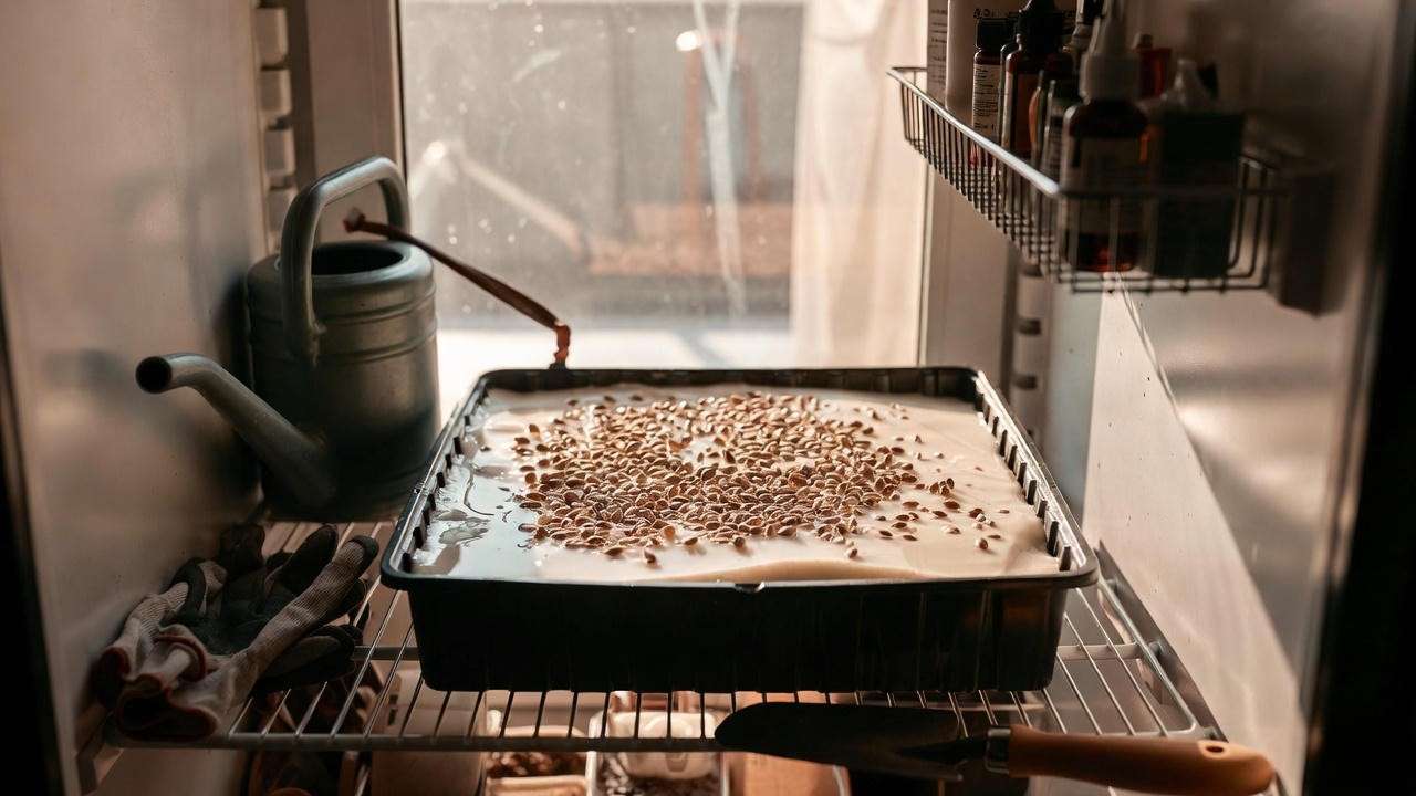 "Elm tree seeds undergoing stratification in a refrigerator with gardening tools."