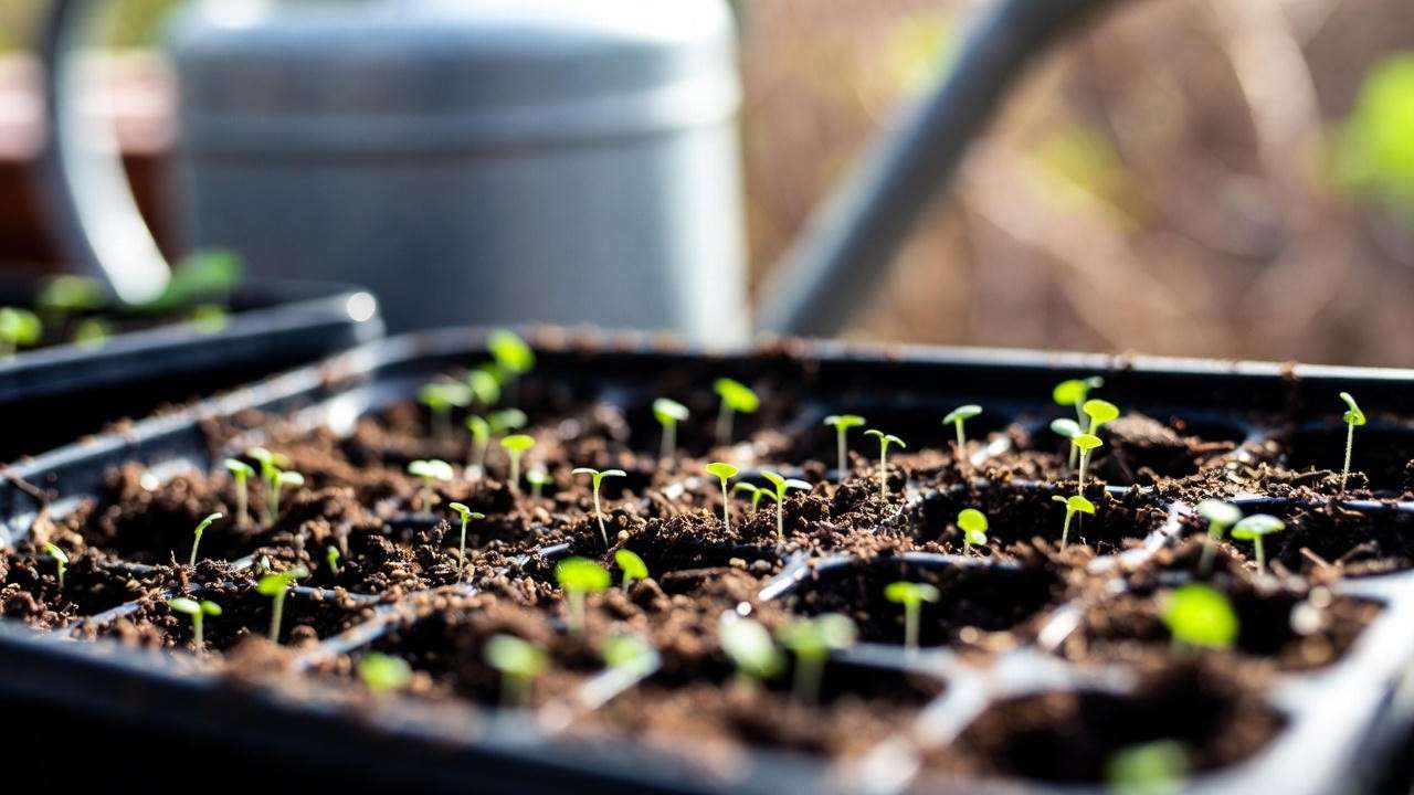 Close-up of lemon balm seeds sprouting in a seed tray with watering can."